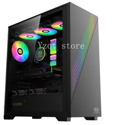 Desktop PC case with full-side transparent window, EATX dual RGB lighting, and high-performance liquid cooling for gaming